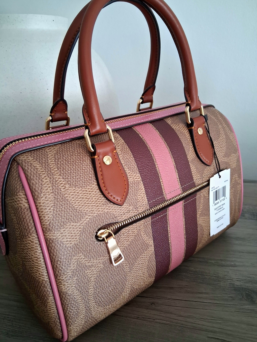 NWT Authentic Coach Rowan Brown Signature Satchel with Pink & Wine Stripe Accent - Picture 2 of 12